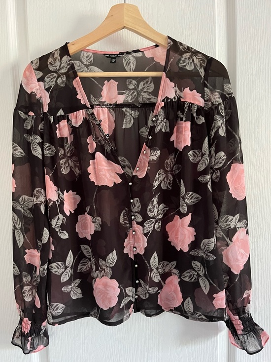 Guess Tops - Guess Black Sheer Blouse with Pink Floral Print XS
